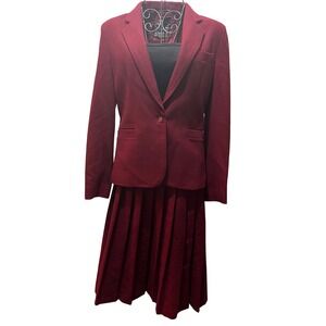Vintage Chaus Womens Burgundy Wool Blend Blazer Pleated Skirt Suit Set Size 9/10